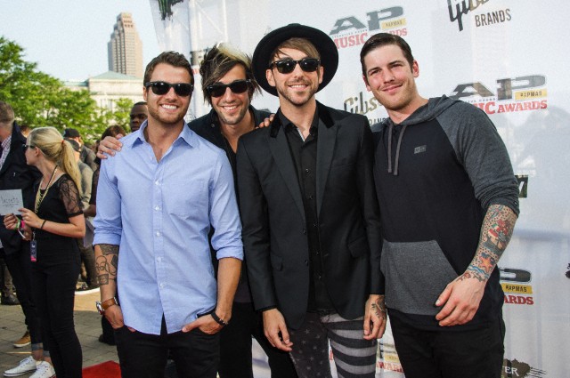 21 Jul 2014, Cleveland, Ohio, USA --- Alex Gaskarth, Jack Barakat, Rian Dawson, and Zack Merrick of All Time Low attend the 2014 AP Music Awards at the Rock And Roll Hall Of Fame and Museum at North Coast Harbor in Cleveland, Ohio. --- Image by © Amy Harris/Corbis
