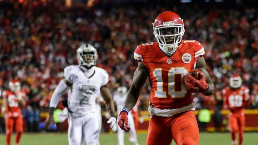 Tyreek+Hill+of+the+Kansas+City+Chiefs+is+one+of+the+most+explosive+players+in+the+league%2C+shown+on+his+punt+return+against+the+Oakland+Raiders.