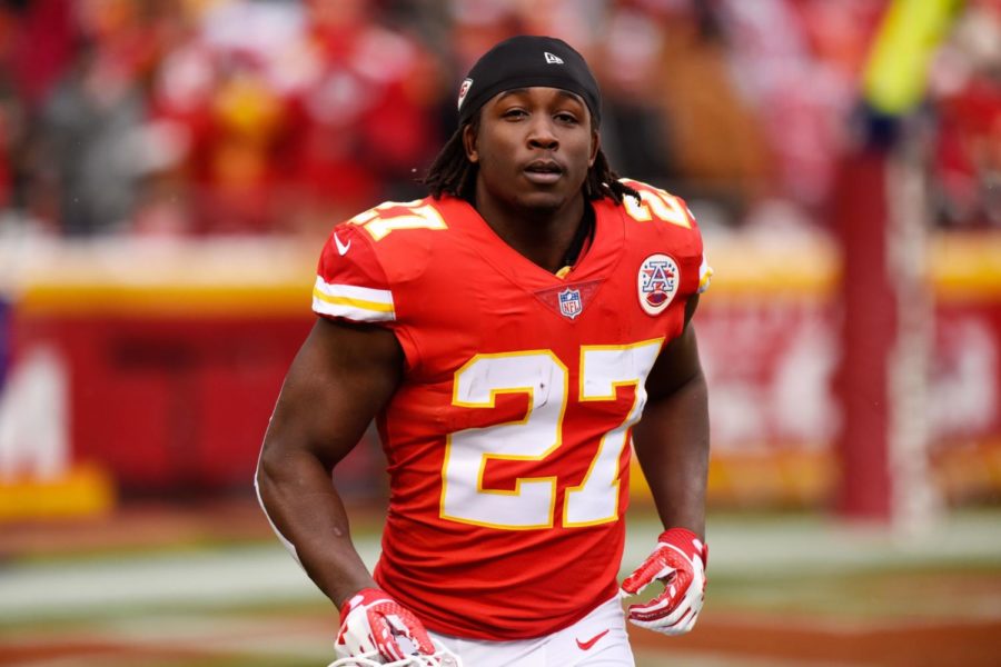 KANSAS CITY, MO - DECEMBER 24: Running back Kareem Hunt #27 of the Kansas City Chiefs runs to the sidelines just before kickoff in the game against the Miami Dolphins at Arrowhead Stadium on December 24, 2017 in Kansas City, Missouri. ( Photo by Jason Hanna/Getty Images )