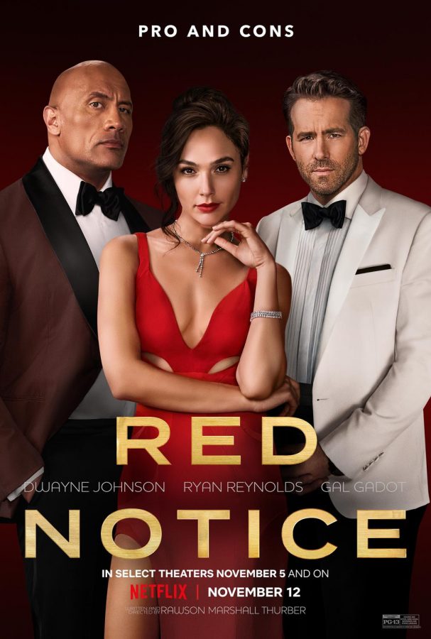 Ryan Reynolds, Dwayne Johnson, and Gal Gadot posing for the poster