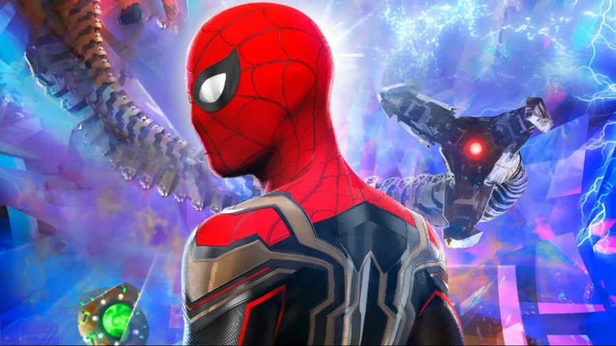 Spider-Man stands before the Multiverse, facing off villains like Doc Ock and Green Goblin.