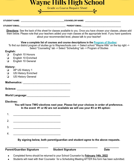 Scheduling form for 9-10th graders