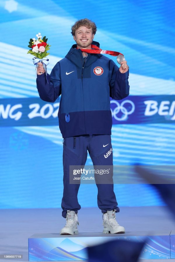 BEIJING, CHINA - FEBRUARY 09: Silver medallist Colby Stevenson of Team United States celebrates during the Mens Freestyle Skiing Freeski Big Air medal ceremony on Day 5 of the Beijing 2022 Winter Olympic Games at Beijing Medal Plaza on February 09, 2022 in Beijing, China. (Photo by Jean Catuffe/Getty Images)