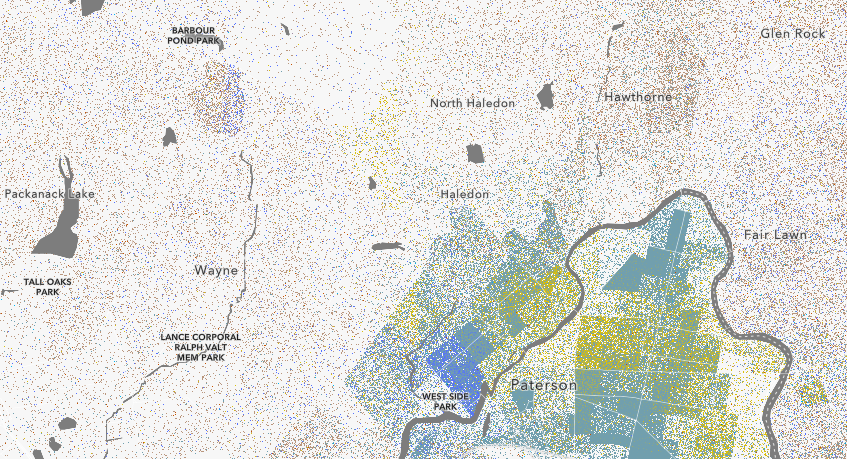 A racial dot map shows racial segregation around Wayne: yellow dots represent black people, light blue Hispanic/Latinos, while brown dots and blue dots show white people | arcgis.com