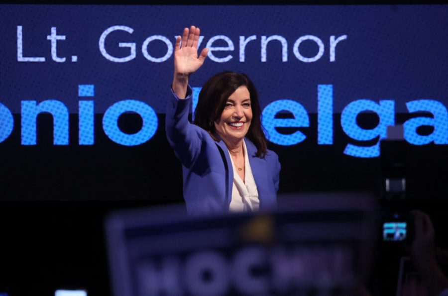 New York Governor Kathy Hochul celebrates after winning re-election in New York