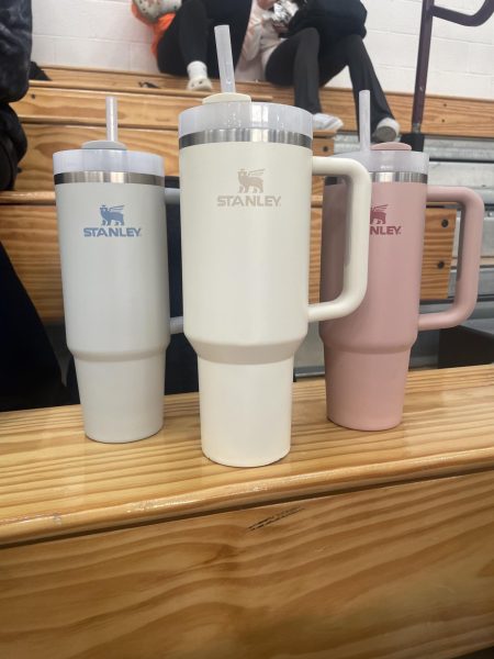 3 of the famous Stanley Tumblers of Wayne Hills Students in Chambray (30oz) Cream (40oz) and Pink Dust (30oz).