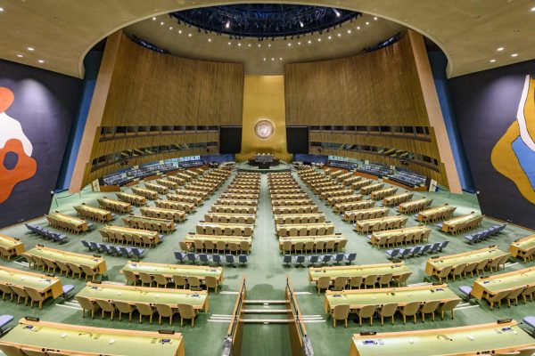 The General Assembly chamber located in the UN headquarters