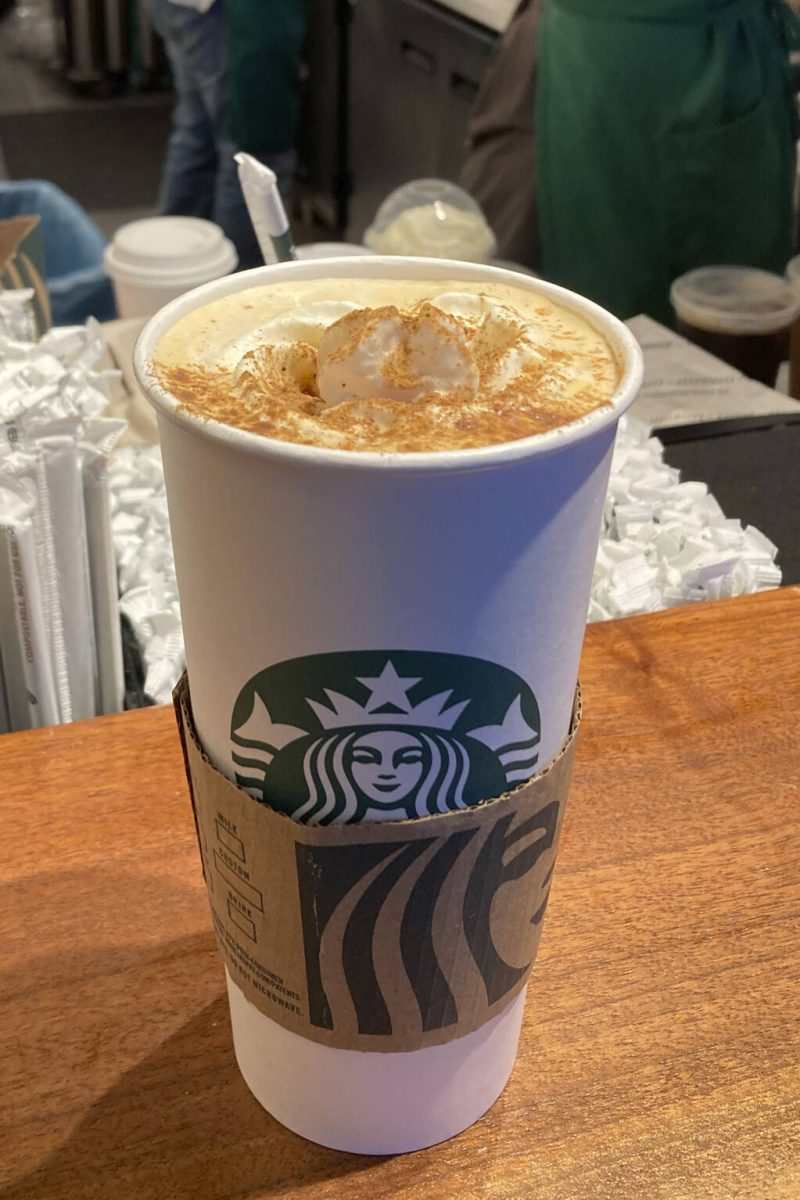 A Pumpkin Spice Latte drink rests on a counter at a Starbucks in New York on Thursday, Aug. 24, 2023. The seasonal drink that made pumpkin spice a star is marking two decades in the world.