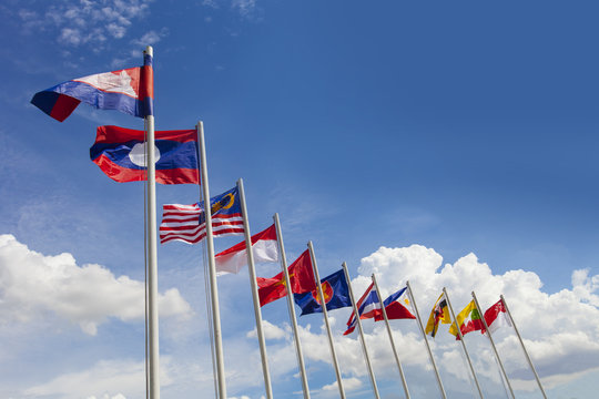 An assortment of flags of Asian countries.