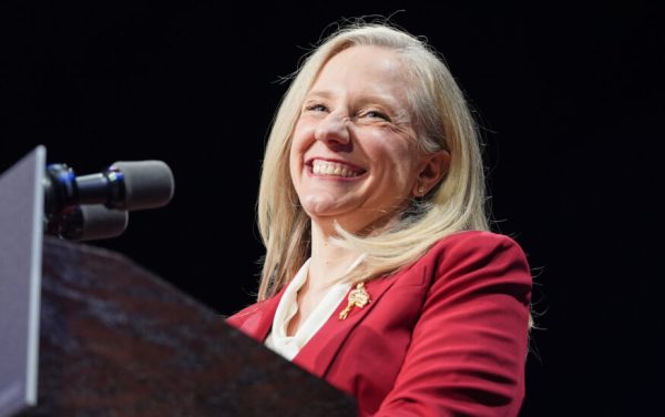 Abigail Spanberger looks out at the crowd after being declared the next governor of Virginia.